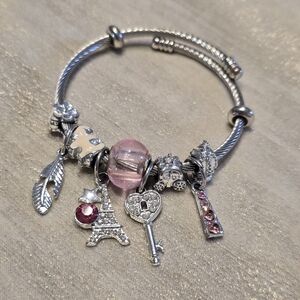 Chic Silver Bracelet with Pink Charms